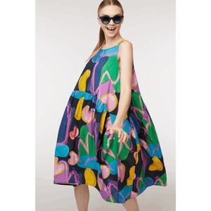 Colorful Abstract Print Swing Dress - Green Multi